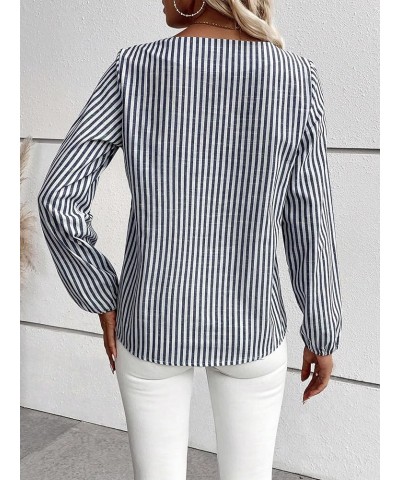 Women's Asymmetrical Neck Striped Print Long Sleeve Office Blouse Top Blue and White $19.59 Blouses