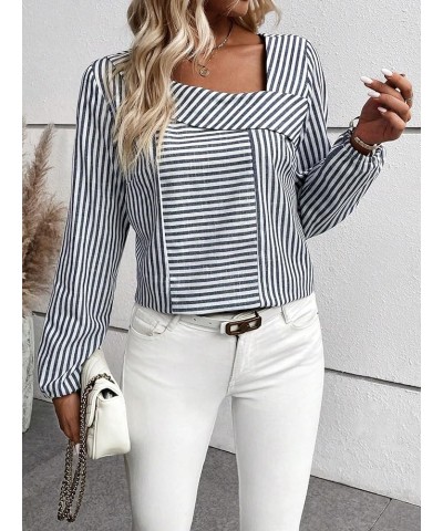 Women's Asymmetrical Neck Striped Print Long Sleeve Office Blouse Top Blue and White $19.59 Blouses