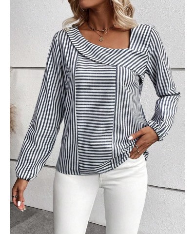 Women's Asymmetrical Neck Striped Print Long Sleeve Office Blouse Top Blue and White $19.59 Blouses