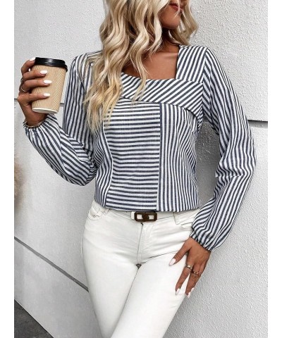 Women's Asymmetrical Neck Striped Print Long Sleeve Office Blouse Top Blue and White $19.59 Blouses