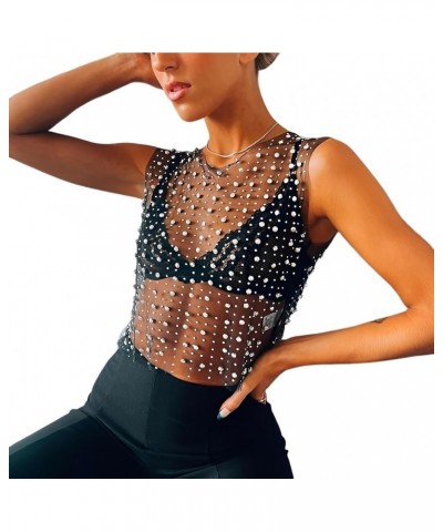 Women's Rhinestone Mesh Top,Rhinestone Dress,Pearl Top for Women,Pearl Mesh Top,Pearl Crop Top,Sexy Pearl Mesh Dress Black $1...