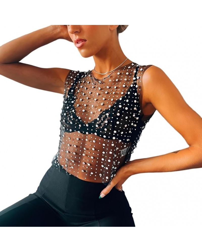 Women's Rhinestone Mesh Top,Rhinestone Dress,Pearl Top for Women,Pearl Mesh Top,Pearl Crop Top,Sexy Pearl Mesh Dress Black $1...