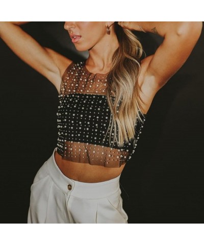 Women's Rhinestone Mesh Top,Rhinestone Dress,Pearl Top for Women,Pearl Mesh Top,Pearl Crop Top,Sexy Pearl Mesh Dress Black $1...