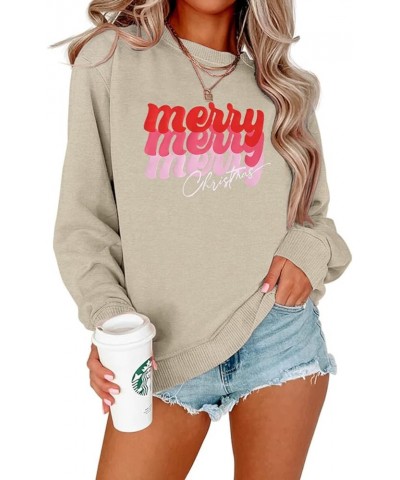 Merry Christmas Sweatshirt for Women Funny Xmas Graphic Pullover Crewneck long Sleeve Loose Tops Khaki-1 $17.22 Hoodies & Swe...