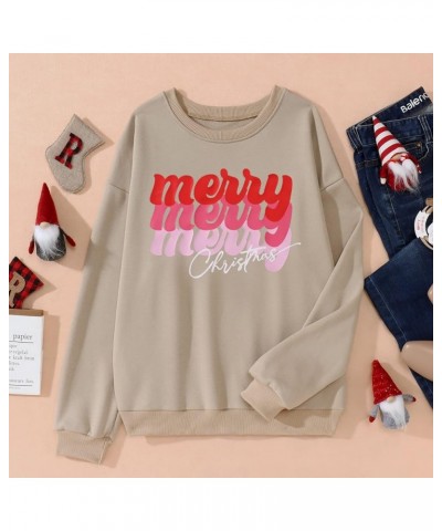 Merry Christmas Sweatshirt for Women Funny Xmas Graphic Pullover Crewneck long Sleeve Loose Tops Khaki-1 $17.22 Hoodies & Swe...