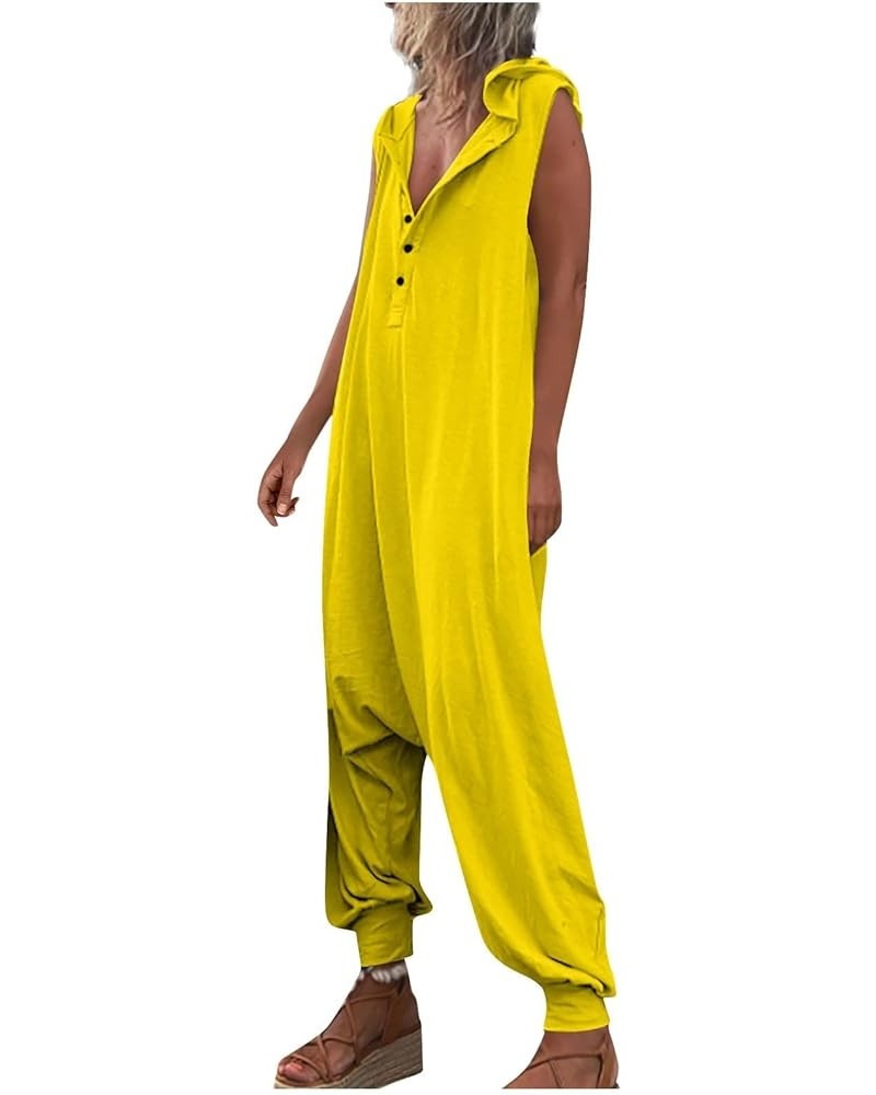 Jumpsuits for Women,Sleeveless Hooded V Neck Button Down Solid Color Casual Loose Pants with Big Sturdy Pocket 04-yellow $15....