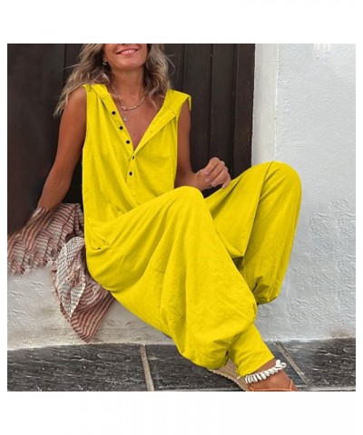 Jumpsuits for Women,Sleeveless Hooded V Neck Button Down Solid Color Casual Loose Pants with Big Sturdy Pocket 04-yellow $15....