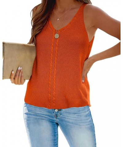 Womens Summer V Neck Tops Rib Knitted Sleeveless Tank Top Cable Knit Sweater Vest Casual Solid Tee Shirts Orange $19.46 Sweaters