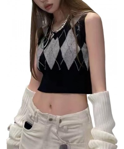 Argyle Sweater Vest Women Y2K Plaid Knitted Streetwear Preppy Style V Neck Crop Knitwear Tank Top for Girl D Black-gray $14.4...