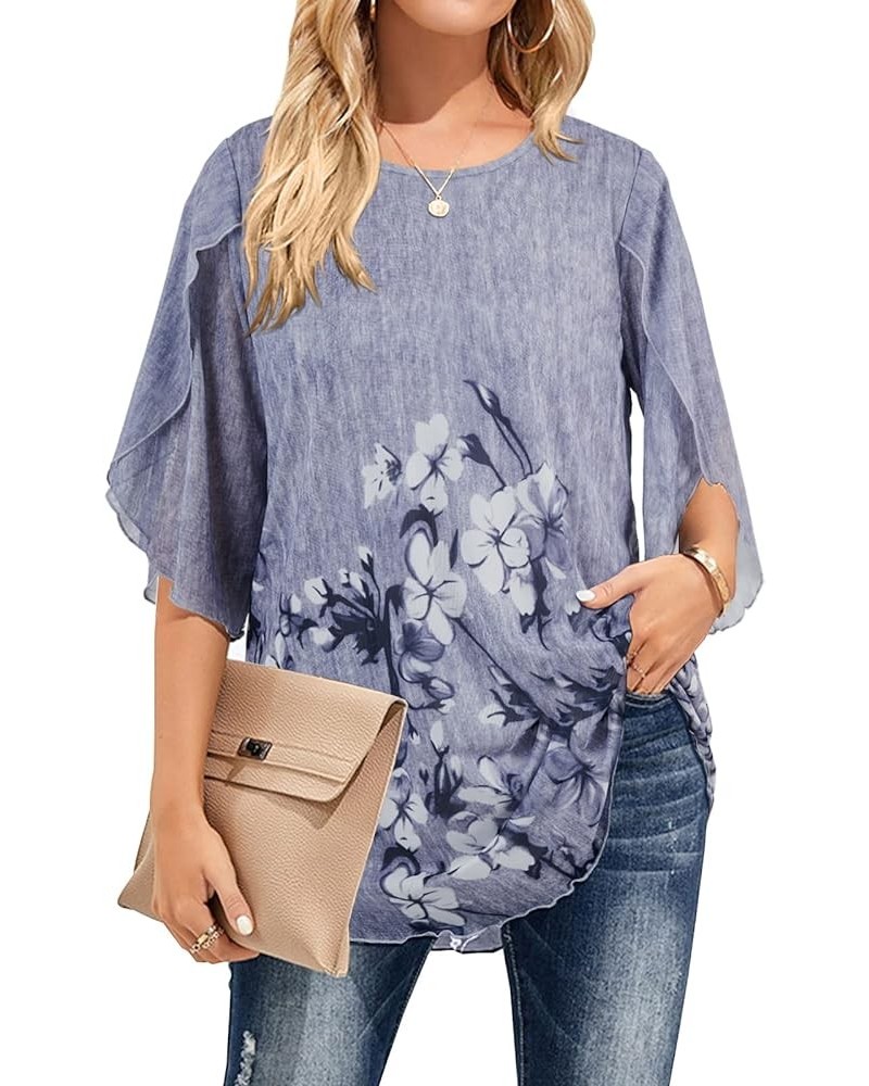 Womens Ruffle 3/4 Sleeve Loose Cool Breathable Floral Shirt Casual Top Grey $10.32 Blouses