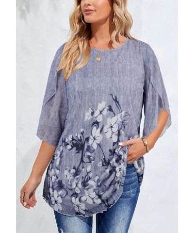 Womens Ruffle 3/4 Sleeve Loose Cool Breathable Floral Shirt Casual Top Grey $10.32 Blouses