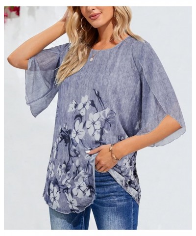 Womens Ruffle 3/4 Sleeve Loose Cool Breathable Floral Shirt Casual Top Grey $10.32 Blouses