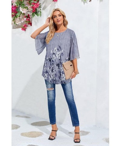 Womens Ruffle 3/4 Sleeve Loose Cool Breathable Floral Shirt Casual Top Grey $10.32 Blouses