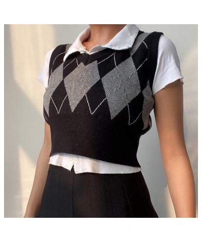 Argyle Sweater Vest Women Y2K Plaid Knitted Streetwear Preppy Style V Neck Crop Knitwear Tank Top for Girl D Black-gray $14.4...