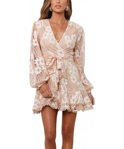 Women's Floral Flower Lace Faux Wrap Mini Dresses V Neck Long Lantern Sleeve Swing Short Dress with Waist Ties Long Sleeve Nu...