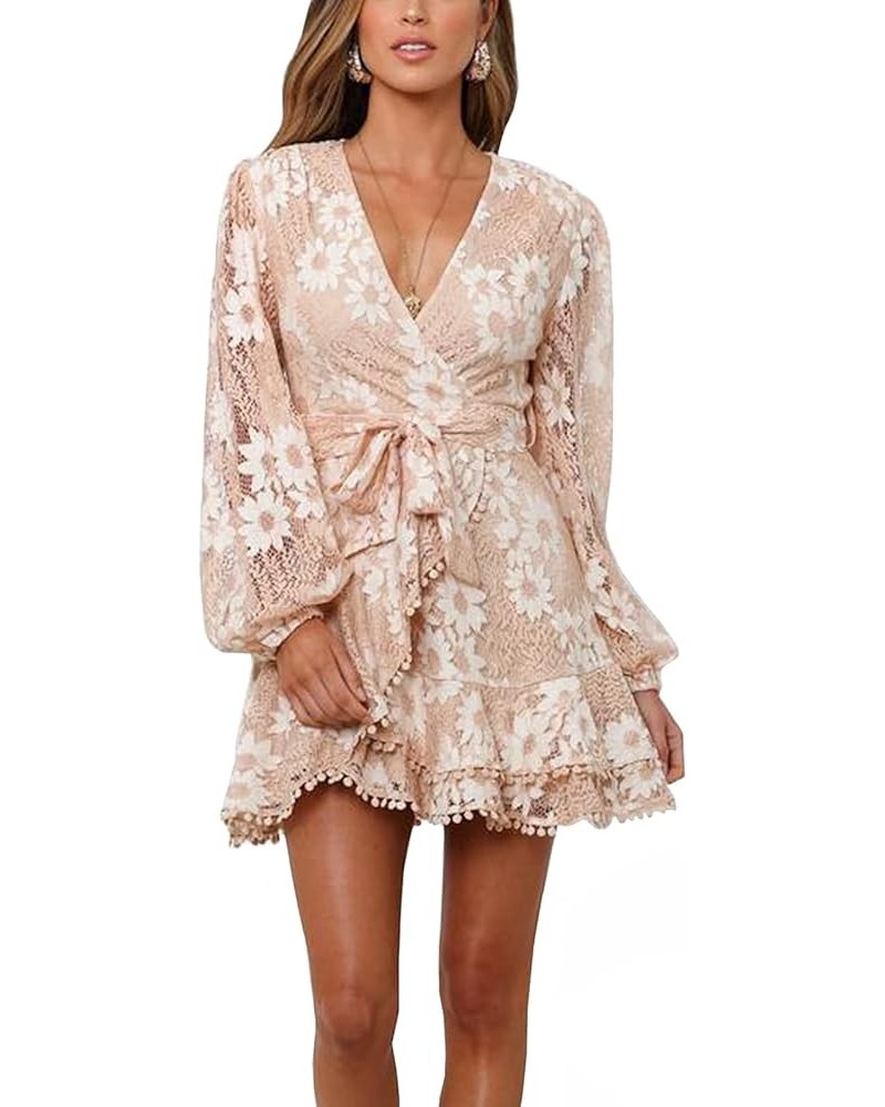 Women's Floral Flower Lace Faux Wrap Mini Dresses V Neck Long Lantern Sleeve Swing Short Dress with Waist Ties Long Sleeve Nu...