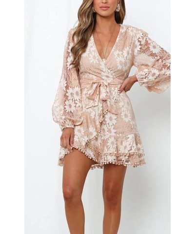 Women's Floral Flower Lace Faux Wrap Mini Dresses V Neck Long Lantern Sleeve Swing Short Dress with Waist Ties Long Sleeve Nu...