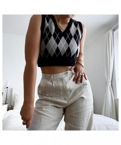 Argyle Sweater Vest Women Y2K Plaid Knitted Streetwear Preppy Style V Neck Crop Knitwear Tank Top for Girl D Black-gray $14.4...