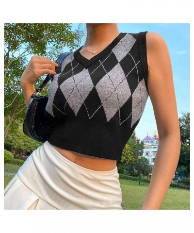 Argyle Sweater Vest Women Y2K Plaid Knitted Streetwear Preppy Style V Neck Crop Knitwear Tank Top for Girl D Black-gray $14.4...