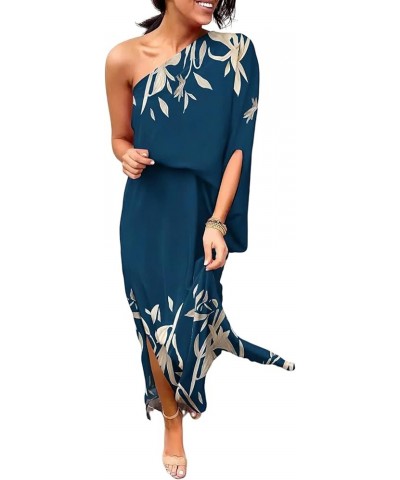 Women's Floral Print One Shoulder Maxi Dress High Slit Batwing Sleeve Long Dress Cocktail Dresses Sundress Cover Up Blue Prin...