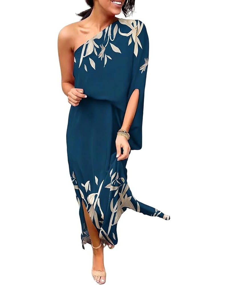 Women's Floral Print One Shoulder Maxi Dress High Slit Batwing Sleeve Long Dress Cocktail Dresses Sundress Cover Up Blue Prin...