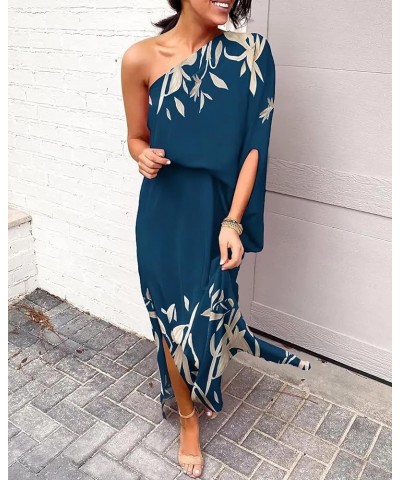 Women's Floral Print One Shoulder Maxi Dress High Slit Batwing Sleeve Long Dress Cocktail Dresses Sundress Cover Up Blue Prin...