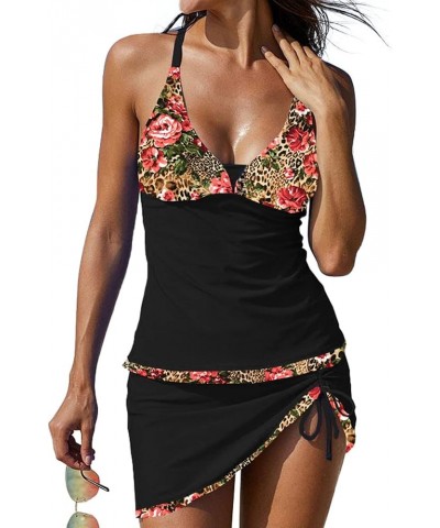 Sexy Tankini Swimsuits with Skirt 2 Piece Swimwear Color Block Bathing Suits for Women Black&rose $19.94 Swimsuits