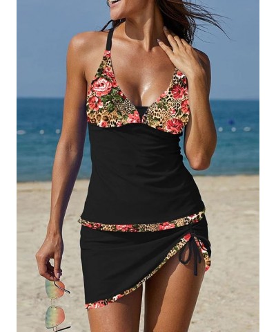 Sexy Tankini Swimsuits with Skirt 2 Piece Swimwear Color Block Bathing Suits for Women Black&rose $19.94 Swimsuits