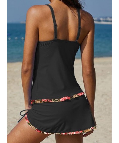 Sexy Tankini Swimsuits with Skirt 2 Piece Swimwear Color Block Bathing Suits for Women Black&rose $19.94 Swimsuits