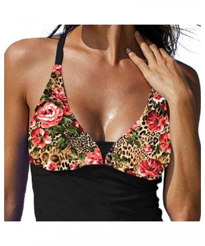 Sexy Tankini Swimsuits with Skirt 2 Piece Swimwear Color Block Bathing Suits for Women Black&rose $19.94 Swimsuits