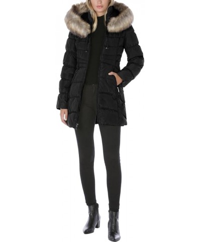 Women's 3/4 Hooded Puffer with Faux Fur Trim Black $26.32 Coats