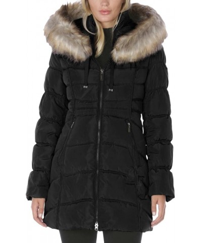 Women's 3/4 Hooded Puffer with Faux Fur Trim Black $26.32 Coats