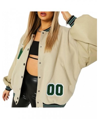 Women Vintage Baseball Jacket Y2K Oversized Varsity Jacket Long Sleeve Embroidery Patchwork Grunge Bomber Coat F Apricot Numb...