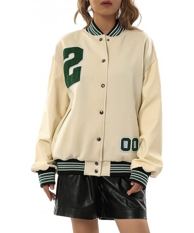 Women Vintage Baseball Jacket Y2K Oversized Varsity Jacket Long Sleeve Embroidery Patchwork Grunge Bomber Coat F Apricot Numb...