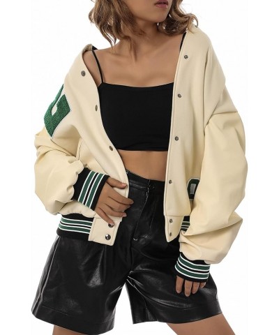 Women Vintage Baseball Jacket Y2K Oversized Varsity Jacket Long Sleeve Embroidery Patchwork Grunge Bomber Coat F Apricot Numb...