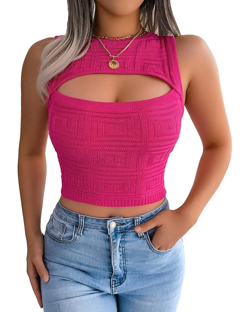 Women's Cut Out Front Crop Knit Top Sleeveless Crewneck Crop Top Hot Pink $15.12 Tanks