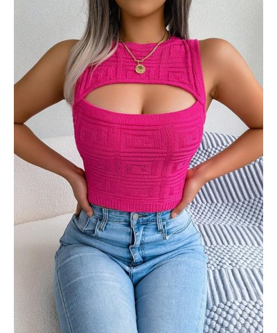 Women's Cut Out Front Crop Knit Top Sleeveless Crewneck Crop Top Hot Pink $15.12 Tanks