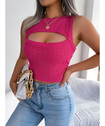 Women's Cut Out Front Crop Knit Top Sleeveless Crewneck Crop Top Hot Pink $15.12 Tanks