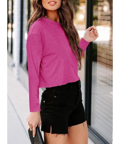 Women Short Sleeve Cropped T Shirt Crew Neck Loose Crop Tops Summer Casual Drop Shoulder Basic Tees L-hot Pink $12.50 Tops