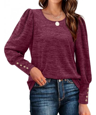 Womens Puff Sleeve Tops Fall Long Sleeve Tunic Tops Button Down Shirts Blouses A-purplish Red $7.94 Tops