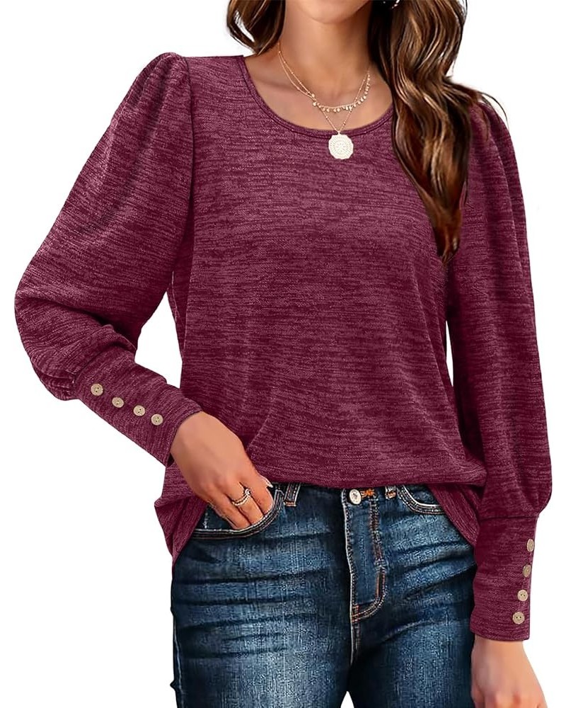 Womens Puff Sleeve Tops Fall Long Sleeve Tunic Tops Button Down Shirts Blouses A-purplish Red $7.94 Tops