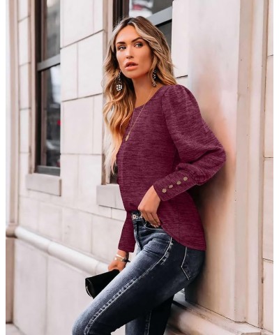 Womens Puff Sleeve Tops Fall Long Sleeve Tunic Tops Button Down Shirts Blouses A-purplish Red $7.94 Tops