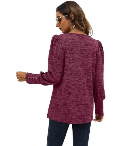 Womens Puff Sleeve Tops Fall Long Sleeve Tunic Tops Button Down Shirts Blouses A-purplish Red $7.94 Tops