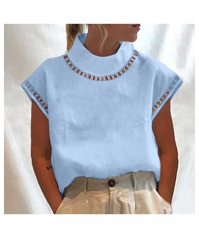 Empire Waist Short Sleeve Tee for Women Casual Summer Work Cool Turtleneck T Shirt Solid Color Fitted Button 11blue $9.02 Act...