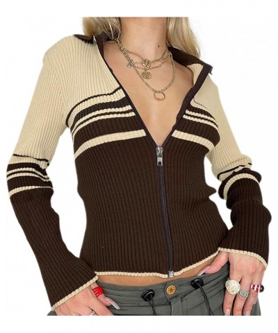 Womens Zipper Sweater Cute Long Sleeve Knitted Slim Fitted Shirt Tops Cardigan Y2k Zip Up Ribbed Knit Crop Jacket Coat Khaki ...