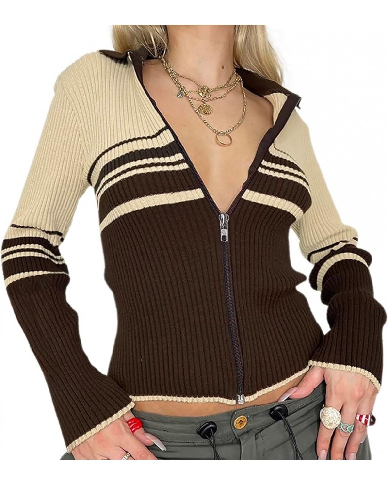 Womens Zipper Sweater Cute Long Sleeve Knitted Slim Fitted Shirt Tops Cardigan Y2k Zip Up Ribbed Knit Crop Jacket Coat Khaki ...