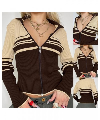 Womens Zipper Sweater Cute Long Sleeve Knitted Slim Fitted Shirt Tops Cardigan Y2k Zip Up Ribbed Knit Crop Jacket Coat Khaki ...