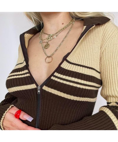 Womens Zipper Sweater Cute Long Sleeve Knitted Slim Fitted Shirt Tops Cardigan Y2k Zip Up Ribbed Knit Crop Jacket Coat Khaki ...