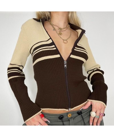 Womens Zipper Sweater Cute Long Sleeve Knitted Slim Fitted Shirt Tops Cardigan Y2k Zip Up Ribbed Knit Crop Jacket Coat Khaki ...