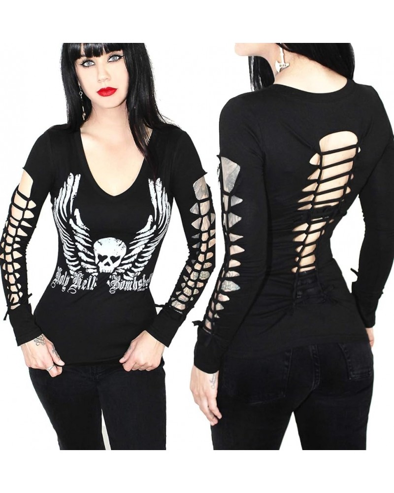 Sexy Gothic Graphic Cute Punk Tee- Graphic Tattoo Motorcycle Biker Tattoo Tee Black Holy Hell Lsvx $18.55 T-Shirts